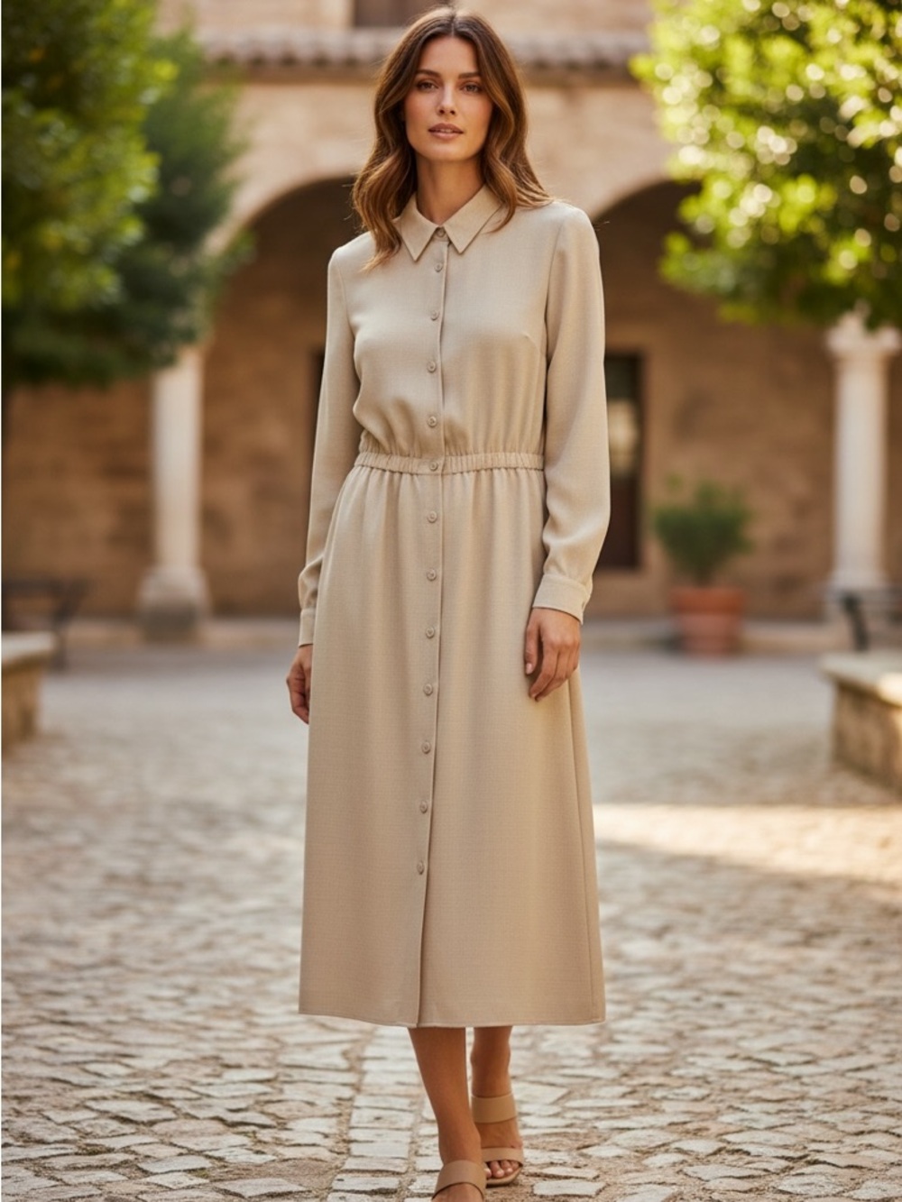 Norm Thompson Beige Button-Front Midi Shirt Dress